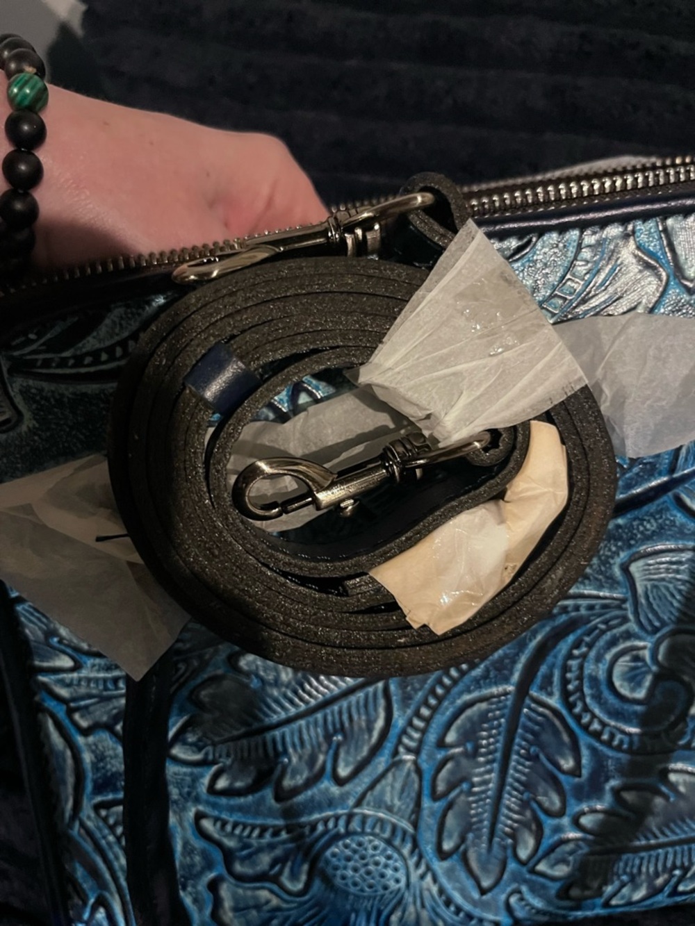 Blue Embossed Floral Leather Tote - Picture 4 of 11